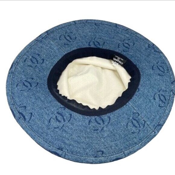 Authentic CHANEL CC Denim Hat Wide Brim Bucket Cap 58 Blue